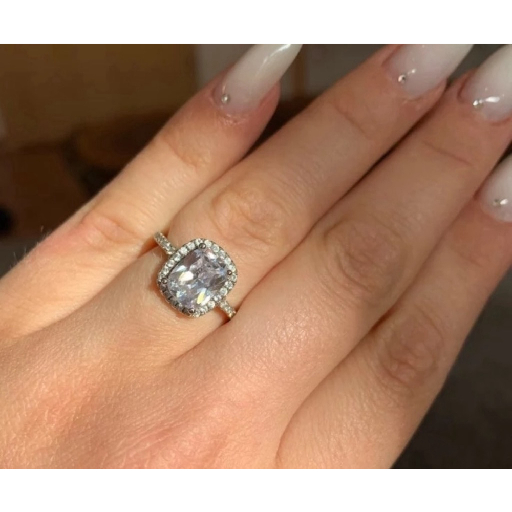 6ct Cushion Cut Halo Engagement Ring | 925 Sterling Silver Platinum - Picture 6 of 16